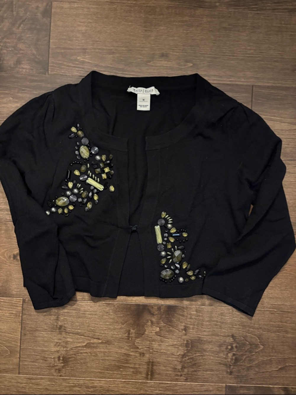 White House Black Market Black Cropped Cardigan with Olive Embellishments